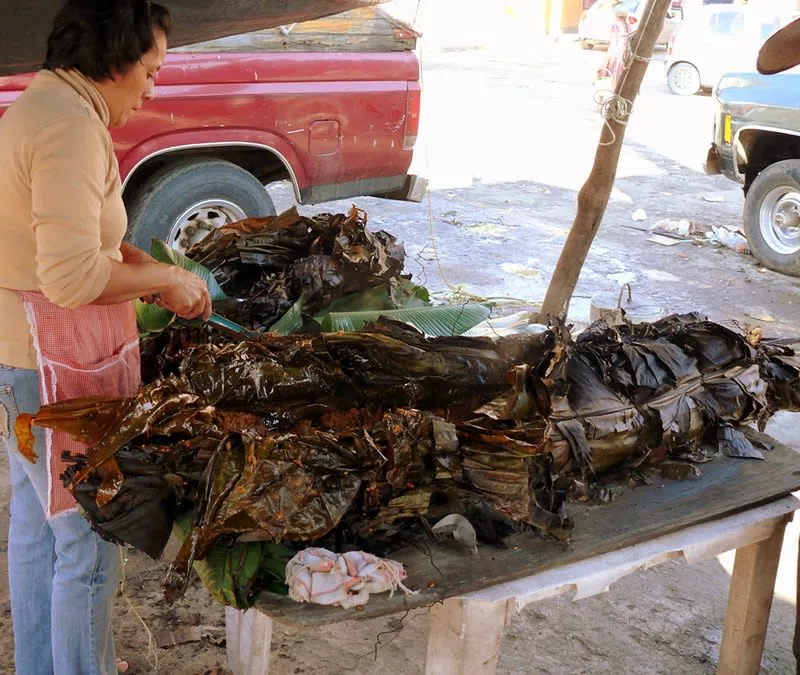 Large Huasteca zacahuil tamale wrapped in banana leaves