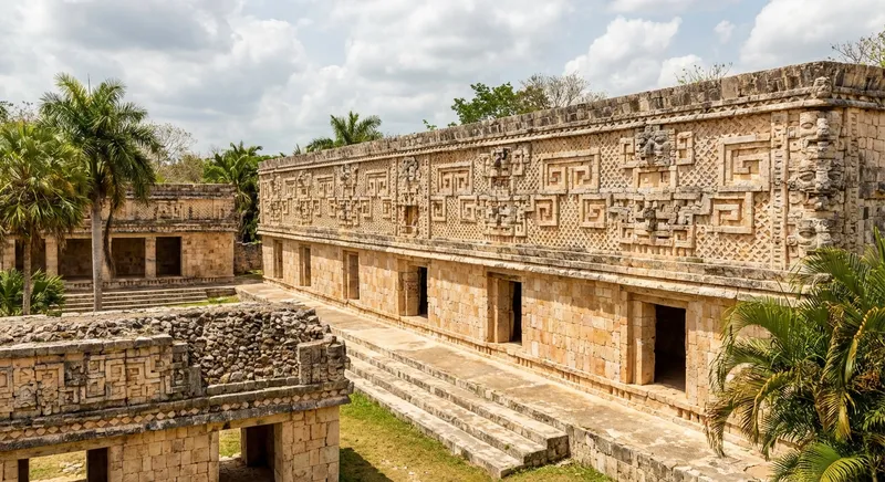 Uxmal Nunnery Quadrangle Maya ruins intricate stone carvings mosaic geometric patterns on building facade Yucatan Mexico