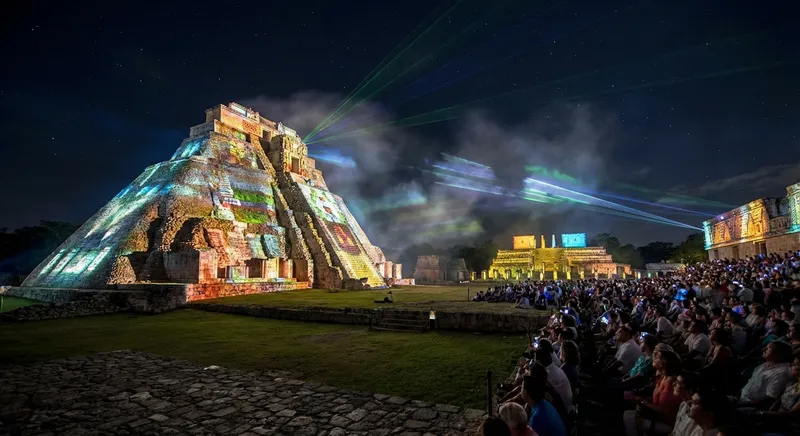 Uxmal Pyramid of the Magician illuminated at night during the sound and light show with colorful lights Yucatan Mexico