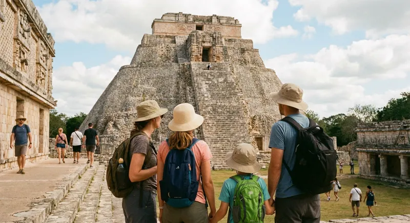 Visitors exploring Uxmal Maya ruins Yucatan Mexico with Pyramid of the Magician in background