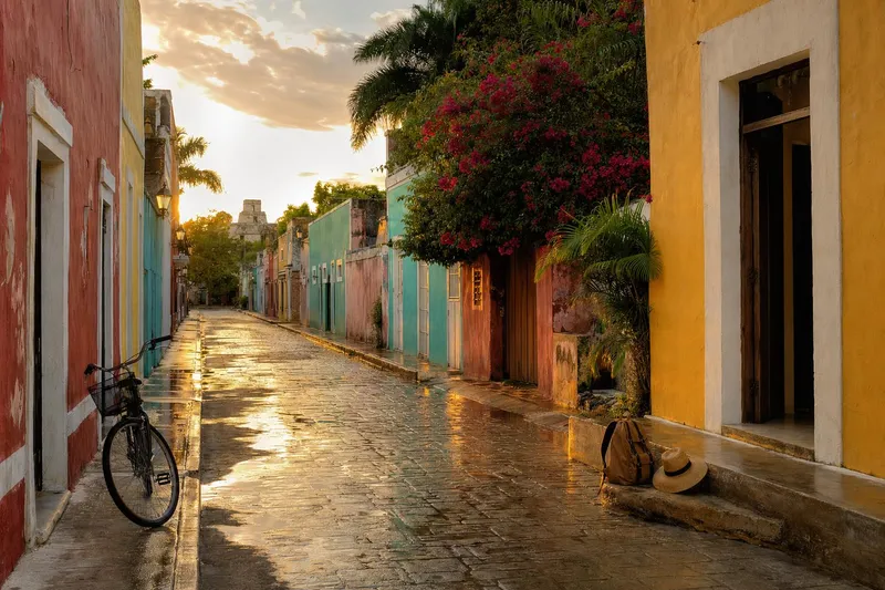 Colorful Valladolid street and colonial facades in the afternoon heat