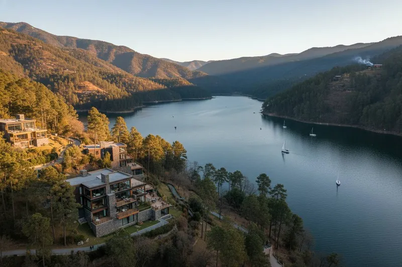 Winter light over Valle de Bravo lake and the surrounding forested hills