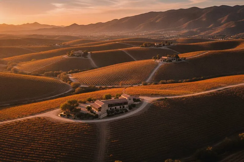 Vineyard rows and dry hills in Valle de Guadalupe during cool December wine season