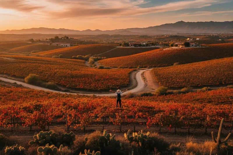 Vineyard rows and dry hills in Valle de Guadalupe during late summer wine season
