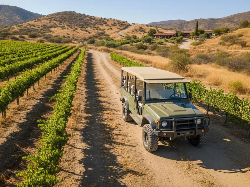 Wine tour vehicle on a rural road in Valle de Guadalupe