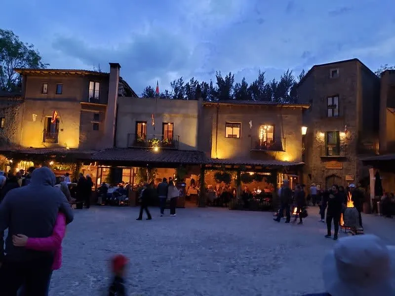 Cobblestone street and Tuscan-style buildings in Val'Quirico during an August day trip