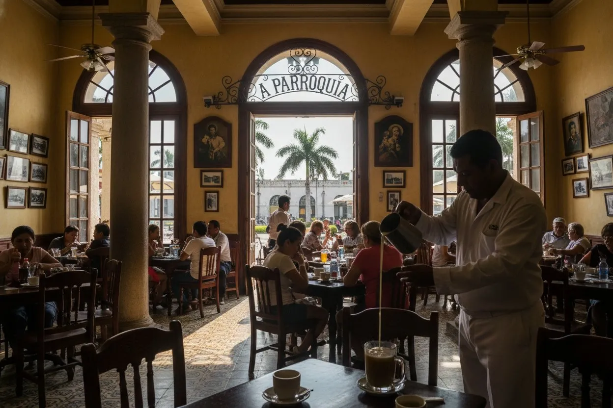 La Parroquia café in Veracruz with glass cups of café lechero and the lechero pouring service