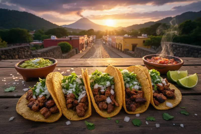 Street tacos on a wooden table with salsa and guacamole at sunset