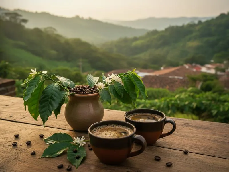 Cup of Veracruz highland coffee beside leafy cafe plants