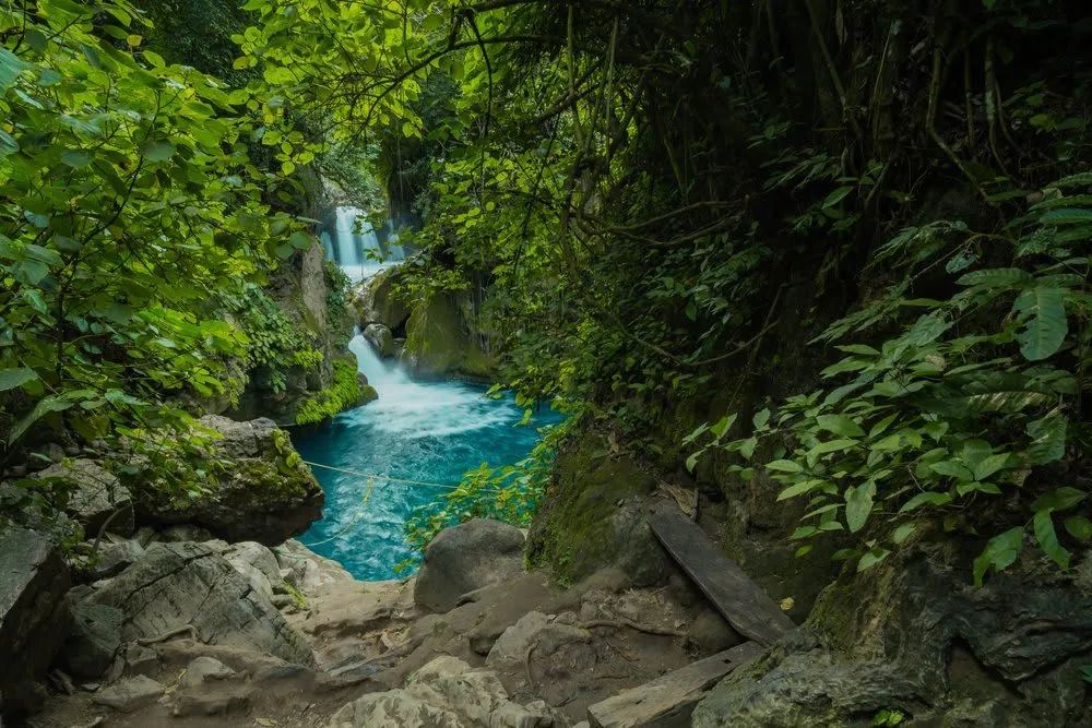 Waterfall and green river scenery near Tamasopo on a Huasteca Potosina side trip