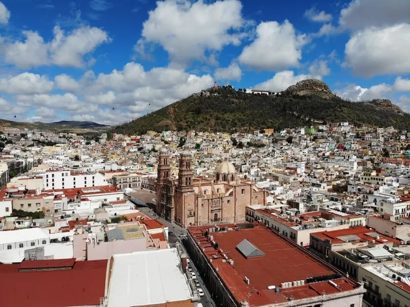 Zacatecas historic center at sunset with the cathedral and surrounding hills