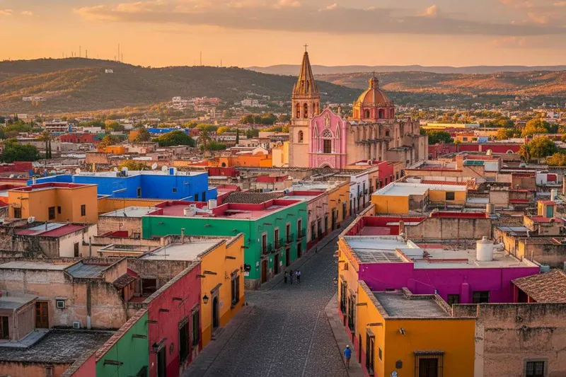 Pink stone streets and cathedral towers in the historic center of Zacatecas