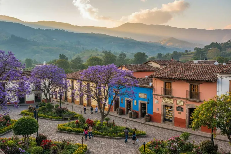 Zacatlán clock tower and tiled rooftops above the green Sierra Norte mountains