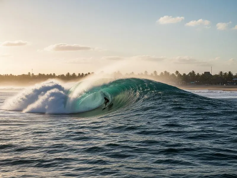 Powerful Zicatela wave breaking offshore with experienced surfers waiting beyond the whitewater