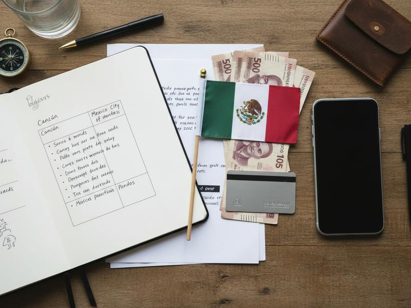 Traveler comparing Mexico Independence Day destination notes with pesos and hotel key