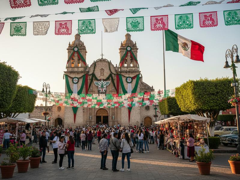 Dolores Hidalgo church and plaza decorated for Mexican Independence Day