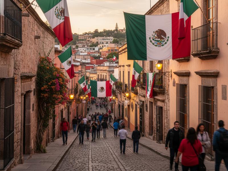 Colonial street in Guanajuato or San Miguel de Allende with Mexican flags during September