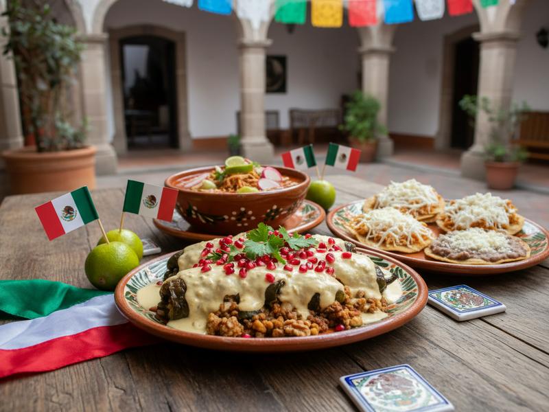 Puebla restaurant table with chiles en nogada and Mexican flag colors during September