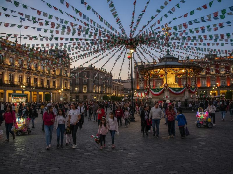 Large Mexican city plaza decorated with flags for Independence Day evening