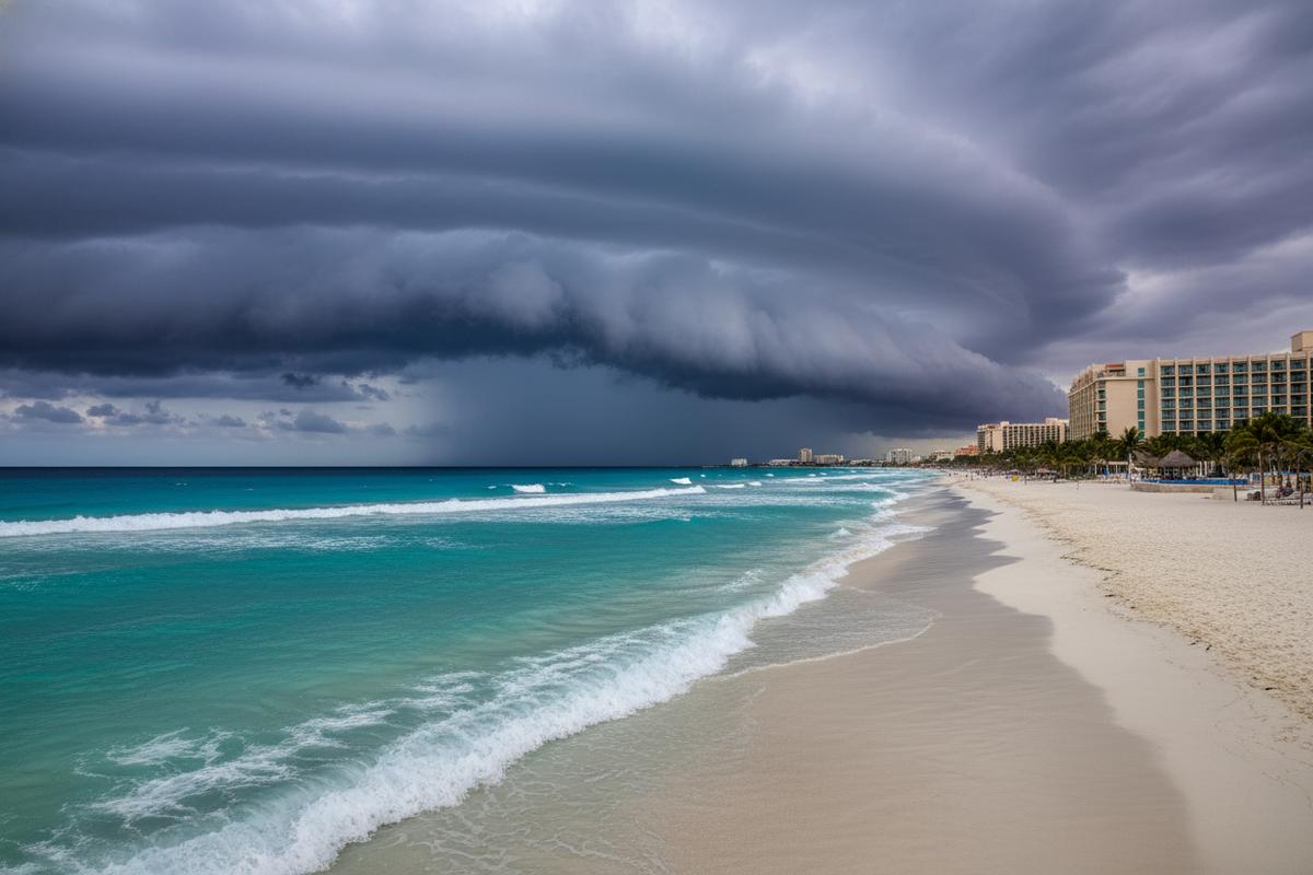 Cancun Hotel Zone shoreline under dramatic late-summer storm clouds during hurricane season