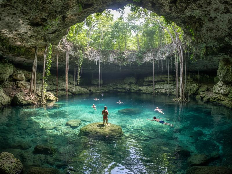 Clear cenote water near Cancun with limestone rock and swimmers