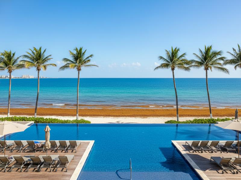 Resort pool deck in Cancun with palm trees and ocean beyond