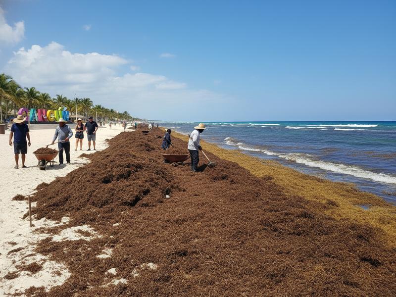 Wide public beach at Playa Delfines Cancun under a bright summer sky