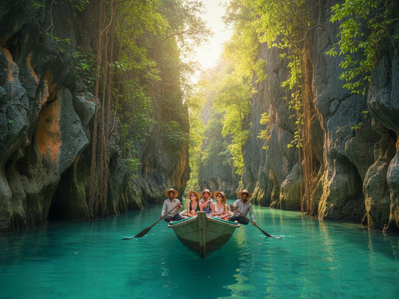 Traditional wooden panga boat on turquoise Tampaon River approaching Cascada de Tamul