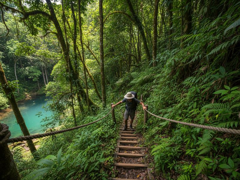 Steep hiking trail with wooden ladders descending to Cascada de Tamul canyon