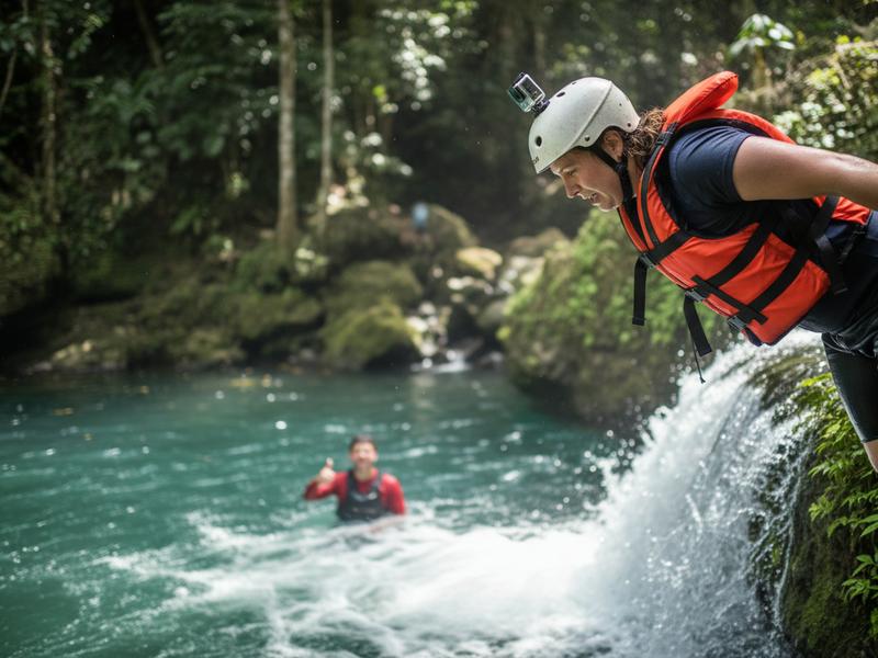 Tourist jumping from waterfall ledge into turquoise pool at Cascadas de Micos