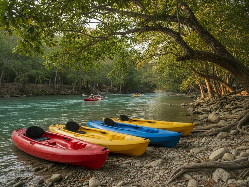 Colorful kayaks lined up on riverbank at Cascadas de Micos