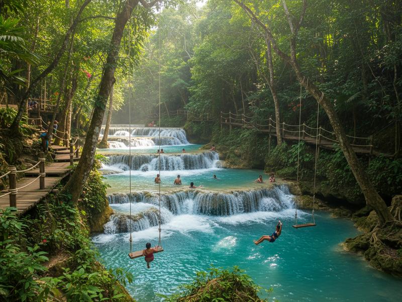 Series of turquoise pools connected by small waterfalls at Cascadas de Micos