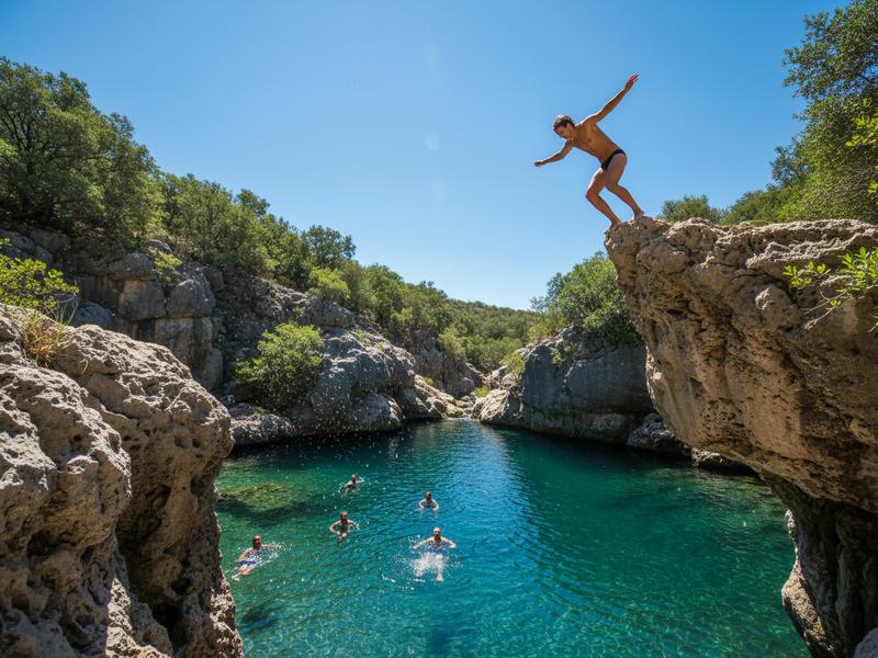 Natural rock ledge at El Trampolin with person preparing to jump into pool