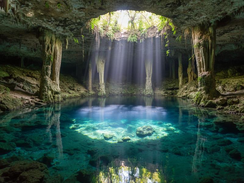 Cenote Zacil Ha near Tulum Mexico with rope swing and clear freshwater surrounded by jungle canopy