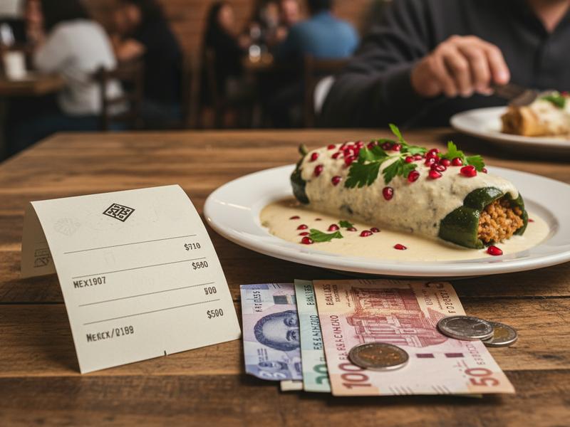 Mexico City restaurant bill with chiles en nogada, Mexican pesos, and seasonal reservation notes