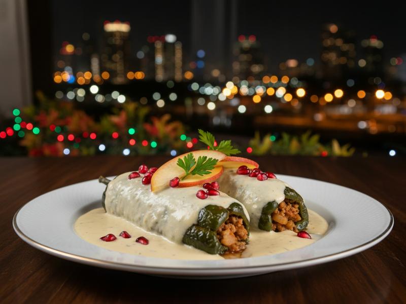Elegant Mexico City chiles en nogada plate with city restaurant atmosphere and seasonal travel notes