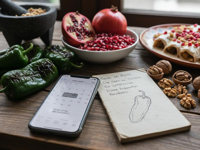 Phone and calendar beside chiles en nogada notes on a restaurant table