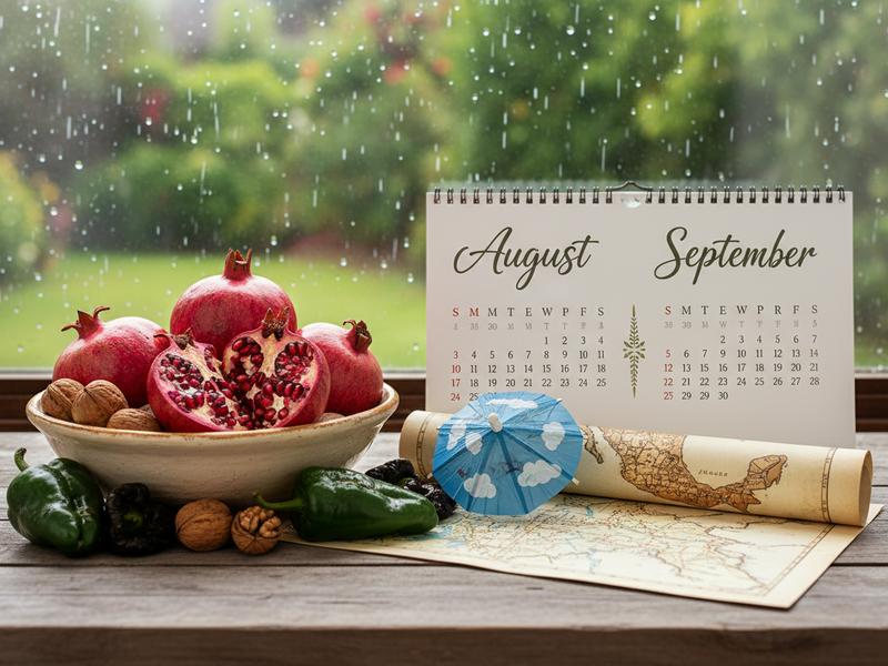 August and September calendar for chiles en nogada season with Puebla and Mexico City notes