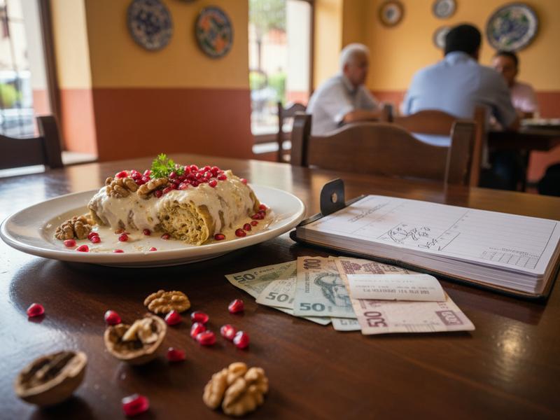 Menu, reservation notebook, and chiles en nogada cost planning for Puebla season