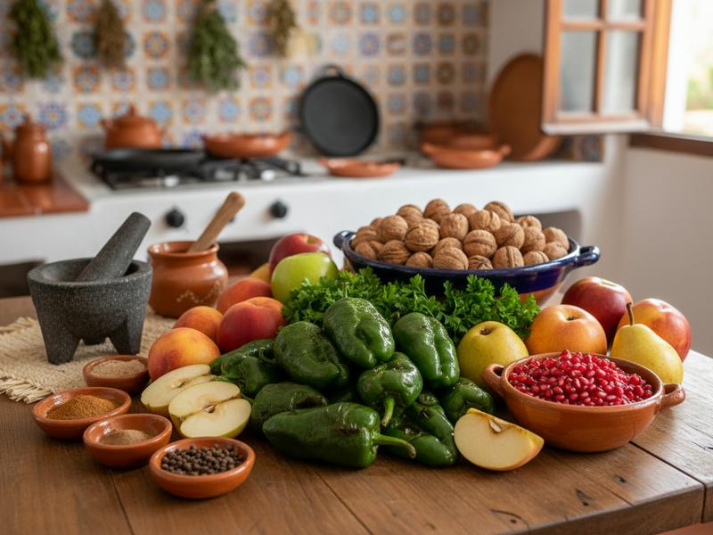 Poblano peppers, walnuts, pomegranate, orchard fruit, and herbs used for chiles en nogada