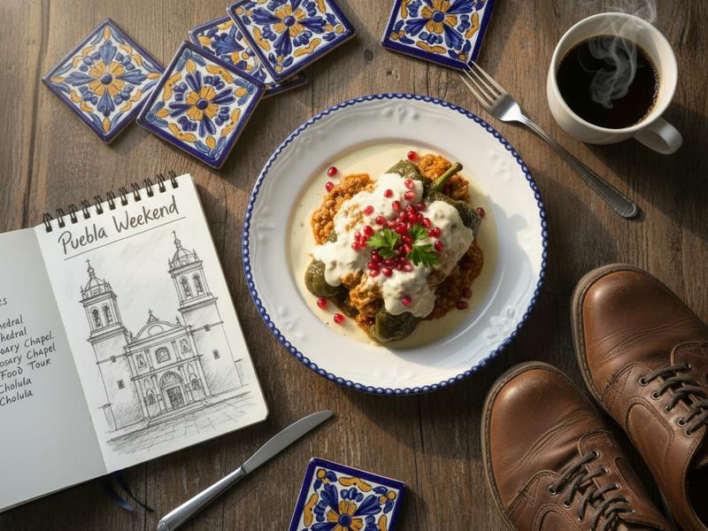 Puebla weekend map with chiles en nogada lunch, cathedral stop, and Talavera shopping route marked