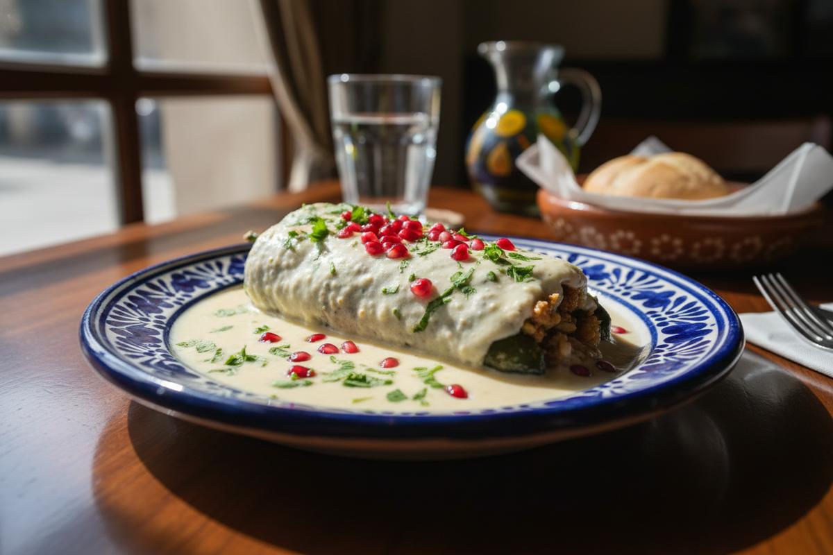 Chiles en nogada plate with white walnut sauce, red pomegranate seeds, and green parsley in Puebla