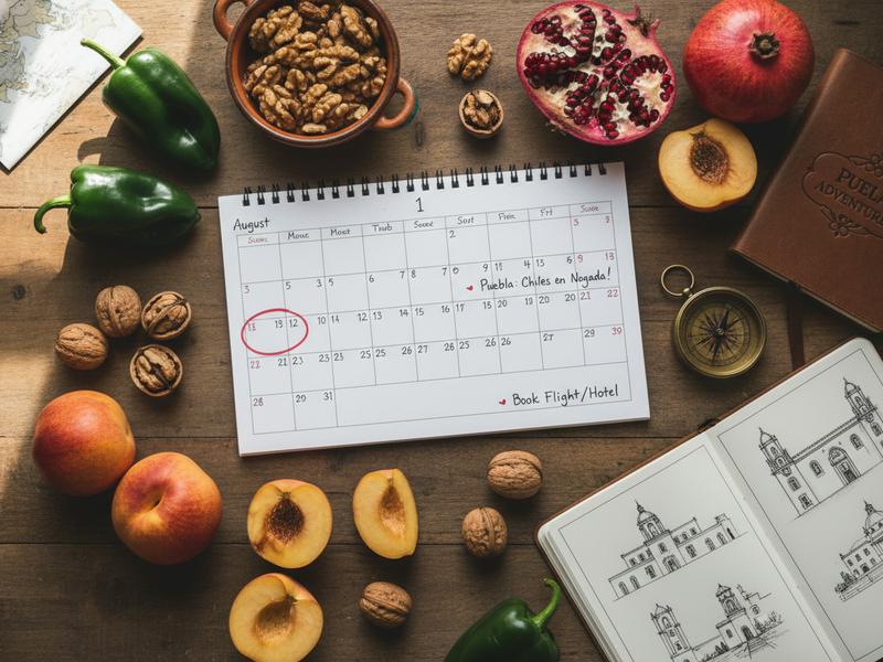 Seasonal chiles en nogada planning table with pomegranates, walnuts, poblano peppers, and Puebla travel notes