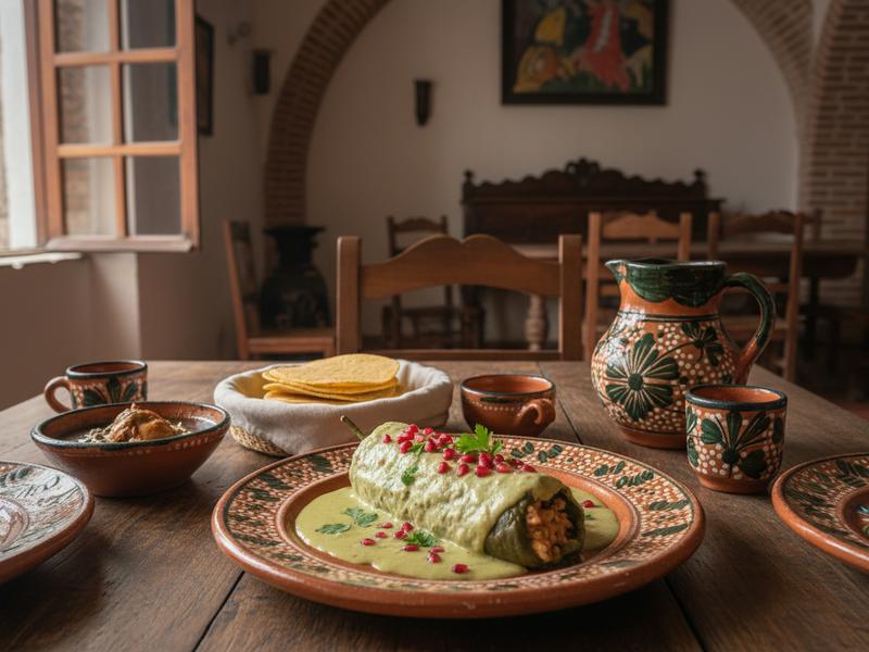 Restaurant table in Puebla set for chiles en nogada with Talavera details and a seasonal lunch