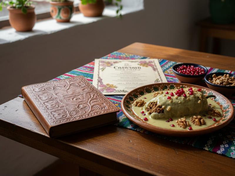 Puebla restaurant reservation notebook beside walnuts, pomegranate, and a seasonal menu