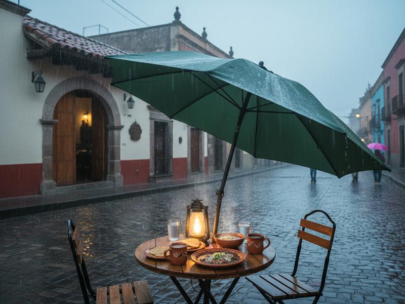 Central Mexico rainy season street with umbrella and restaurant lunch planning