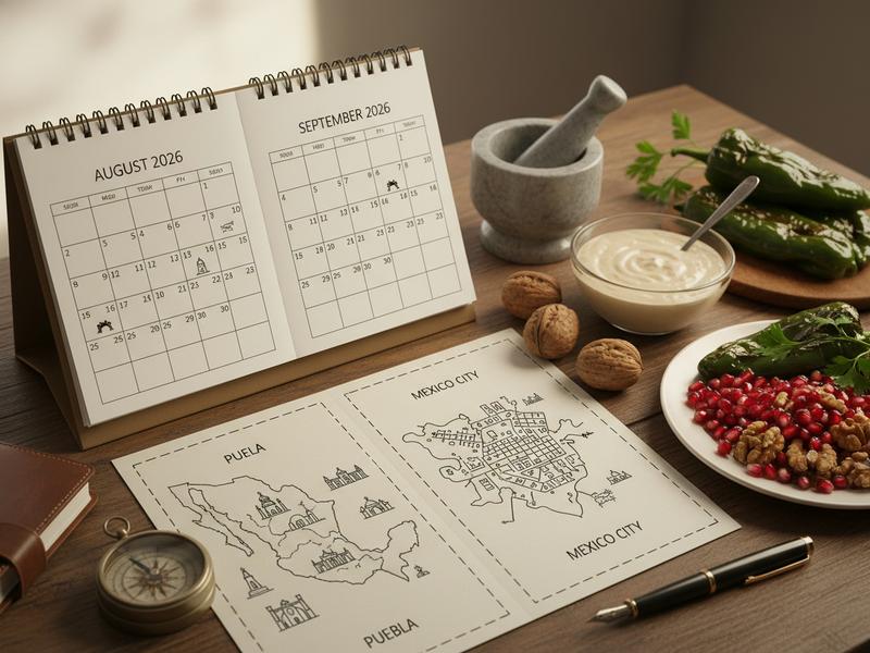 Table calendar and notes for timing a chiles en nogada meal in Puebla or Mexico City