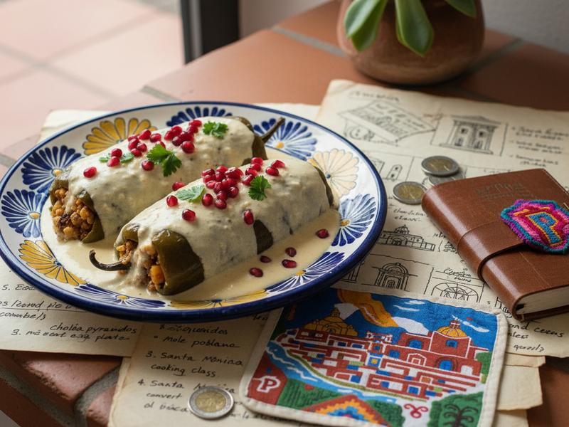 Finished chiles en nogada plate topped with walnut sauce and pomegranate seeds