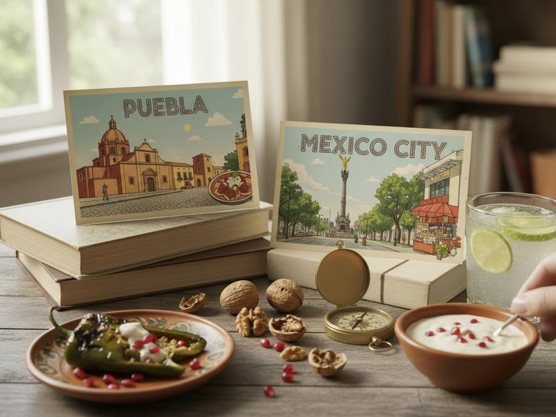 Map notes beside Puebla and Mexico City date markers on a table