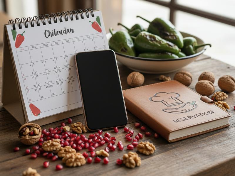 Phone and calendar beside a pomegranate on a restaurant table